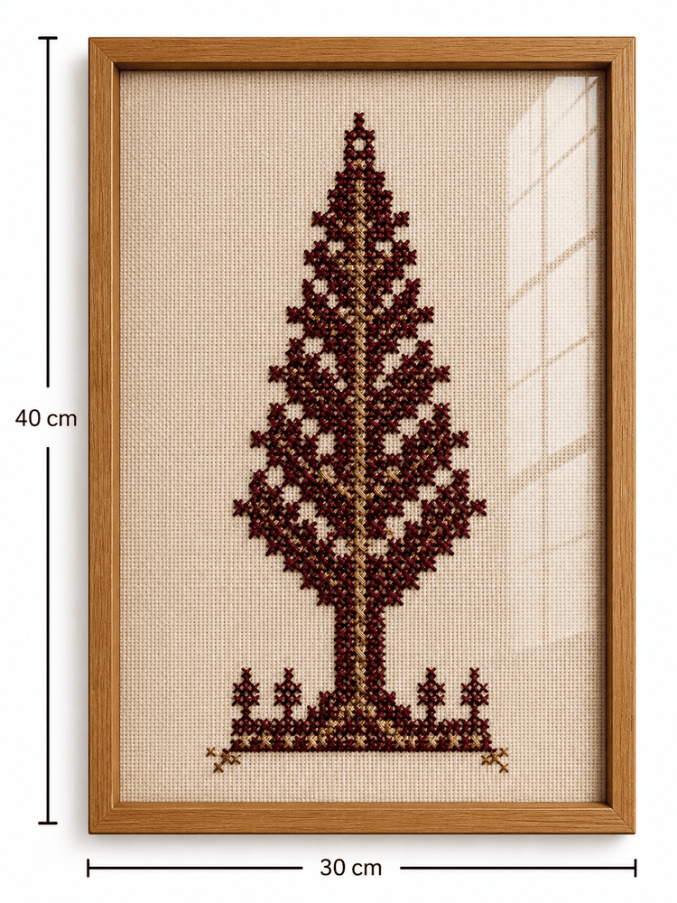 Framed needlepoint canvas featuring a stylized tree design in dark red and beige threads on a light beige grid background, shown with dimension markers indicating 40 cm height and 30 cm width.