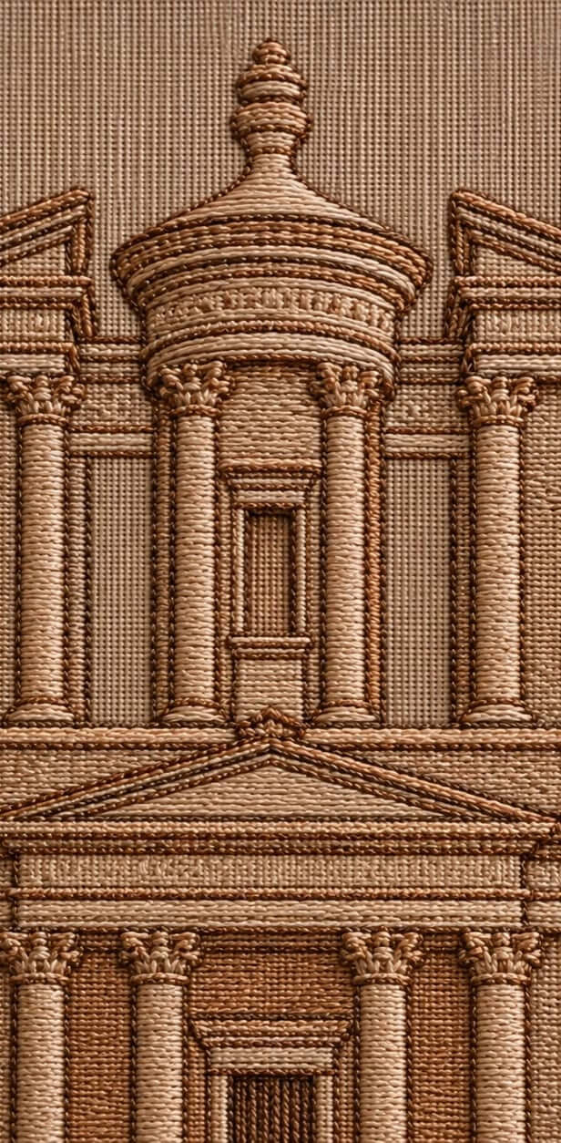 A close-up of a brown and tan architectural textile or woven pattern featuring classical columns, a pediment, and a central dome-like structure.


