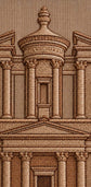A close-up of a brown and tan architectural textile or woven pattern featuring classical columns, a pediment, and a central dome-like structure.

