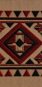 A close-up of a woven textile with a geometric Southwestern-style pattern in red, black, and beige.

