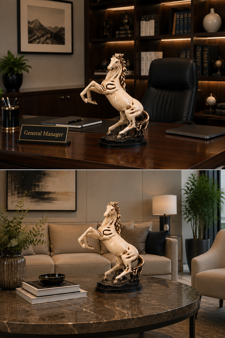 A decorative rearing horse statue displayed on a dark wooden desk in an office setting, with a second view of the same statue placed on a round coffee table in a living room.

