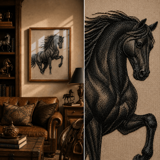 A framed black-and-white horse artwork hangs on a beige wall in a styled living room with a leather sofa, lamp, and shelving, while a close-up panel on the right shows the detailed horse illustration on a textured background.

