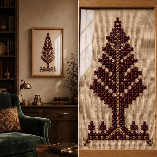 A framed needlepoint or cross-stitch tree design shown in a split view: the left side shows the finished framed artwork hanging in a cozy room with a green armchair and bookshelf, and the right side shows a close-up of the stitched canvas with a tree motif made of dark red, burgundy, and gold-toned stitched elements on a beige grid background.

