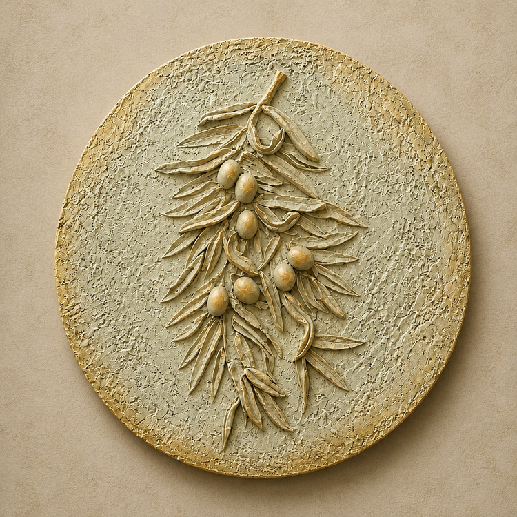 A round textured wall plaque featuring a raised olive branch with small olive fruits, shown against a matching beige background.

