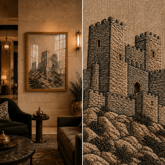 A split-screen presentation showing a framed canvas print of a medieval stone castle in a warm, elegant living room on the left, and a close-up of the textured canvas artwork on the right.

