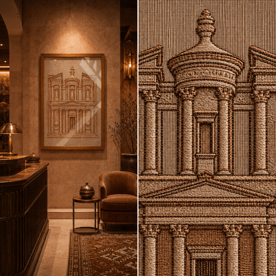 A split image showing a framed architectural art print hanging on a warm beige wall in a styled interior, alongside a close-up of the intricate woven or embroidered pattern of the building facade.

