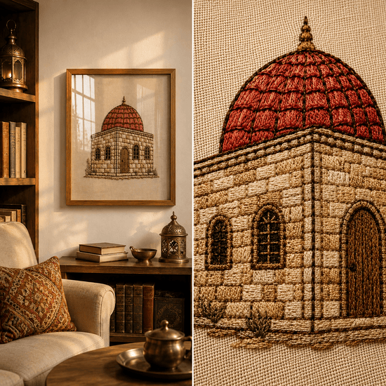 A split image showing a framed art print of a domed stone building hanging on a wall in a cozy room setting, alongside a close-up detail of the embroidered-style artwork with a red dome and beige stone facade.

