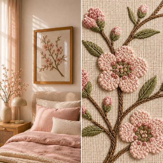 A split image showing a framed floral wall hanging in a softly styled bedroom on the left, and a close-up of the embroidered floral design on textured fabric on the right. The artwork features pink blossoms, green leaves, and brown branches on a cream background.

