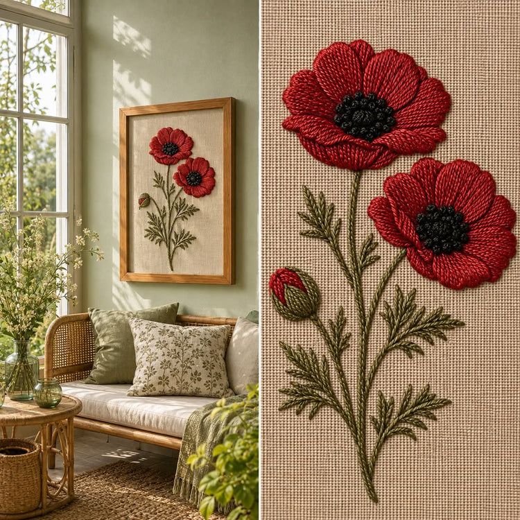A split image showing a framed floral wall hanging in a sunlit living room on the left, and a close-up of the textile embroidery on the right. The floral design features two red poppy-like flowers with dark centers and green stems on a beige woven background.

