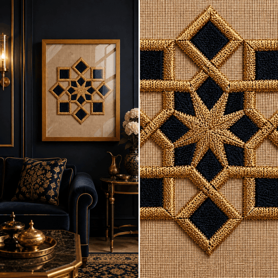 A split image showing a framed geometric wall art piece hanging in a dark navy living room on the left, and a close-up of the textile pattern on the right. The design features a gold starburst and diamond lattice over a beige woven background with black diamond sections.

