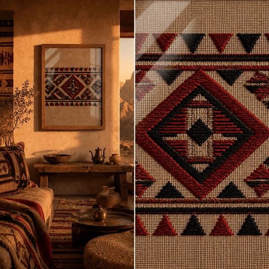 A split image showing a woven geometric textile in a styled room and a close-up of the pattern. The textile features a Southwestern-style diamond and triangle motif in red, black, and cream on a beige woven background, framed in a wooden frame on a warm plaster wall.

