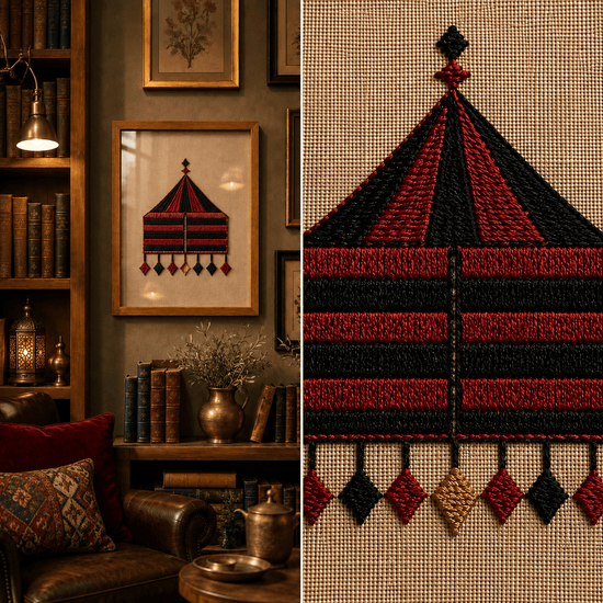 A split view showing a framed textile wall hanging in a cozy library/living room setting on the left, and a close-up of the hanging&