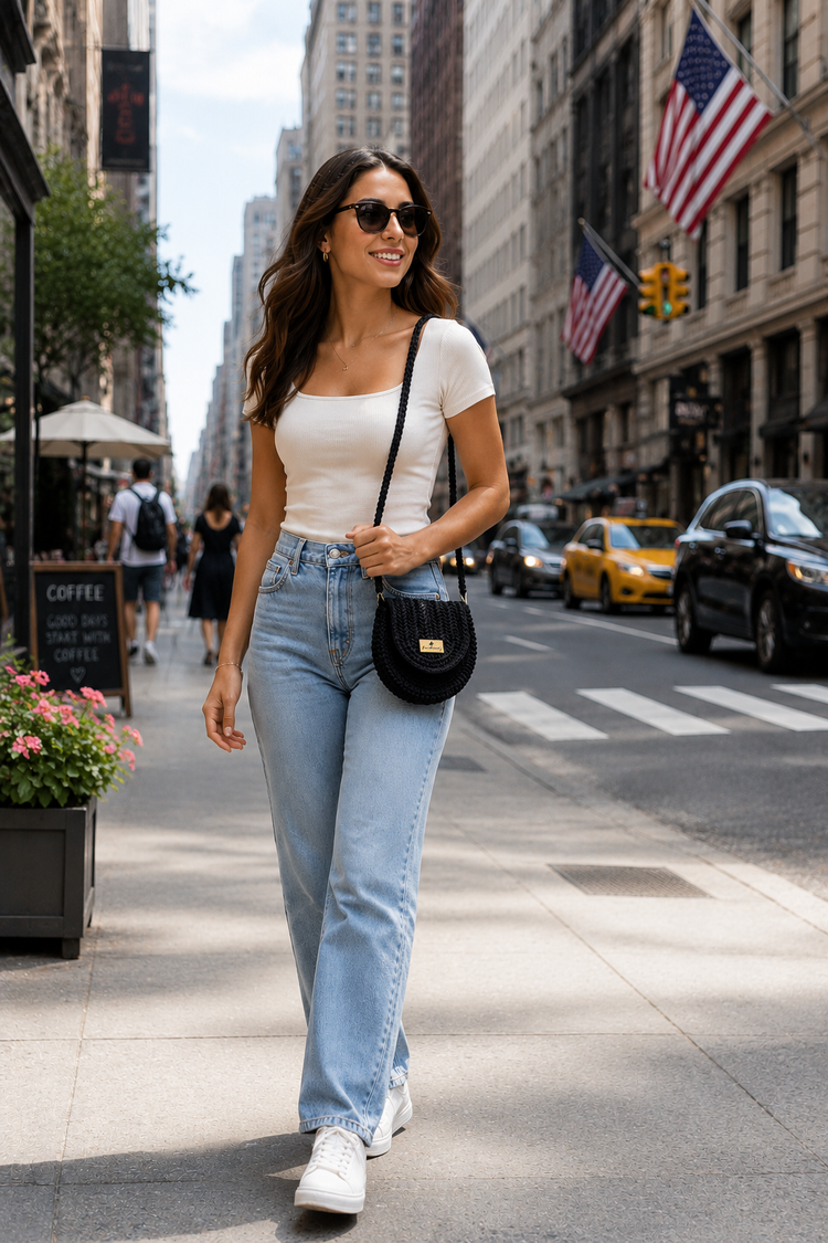A woman walking on a city street wearing a white scoop-neck top, light-wash blue jeans, white sneakers, and carrying a black crossbody bag with a gold logo.

