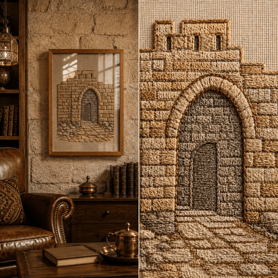 A woven wall hanging or tapestry depicting an arched stone doorway, shown both as framed wall art in a rustic room and as a close-up of the textile texture.

