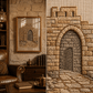 A woven wall hanging or tapestry depicting an arched stone doorway, shown both as framed wall art in a rustic room and as a close-up of the textile texture.

