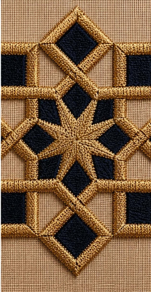 Close-up of a geometric embroidered pattern on a tan woven fabric background, featuring alternating black and tan stitched diamond and star motifs.


