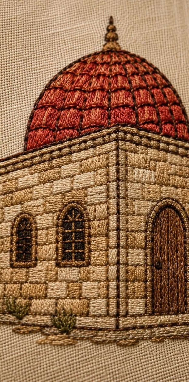 Close-up of an embroidered architectural scene showing a domed stone building with arched windows and door on a beige fabric background.

