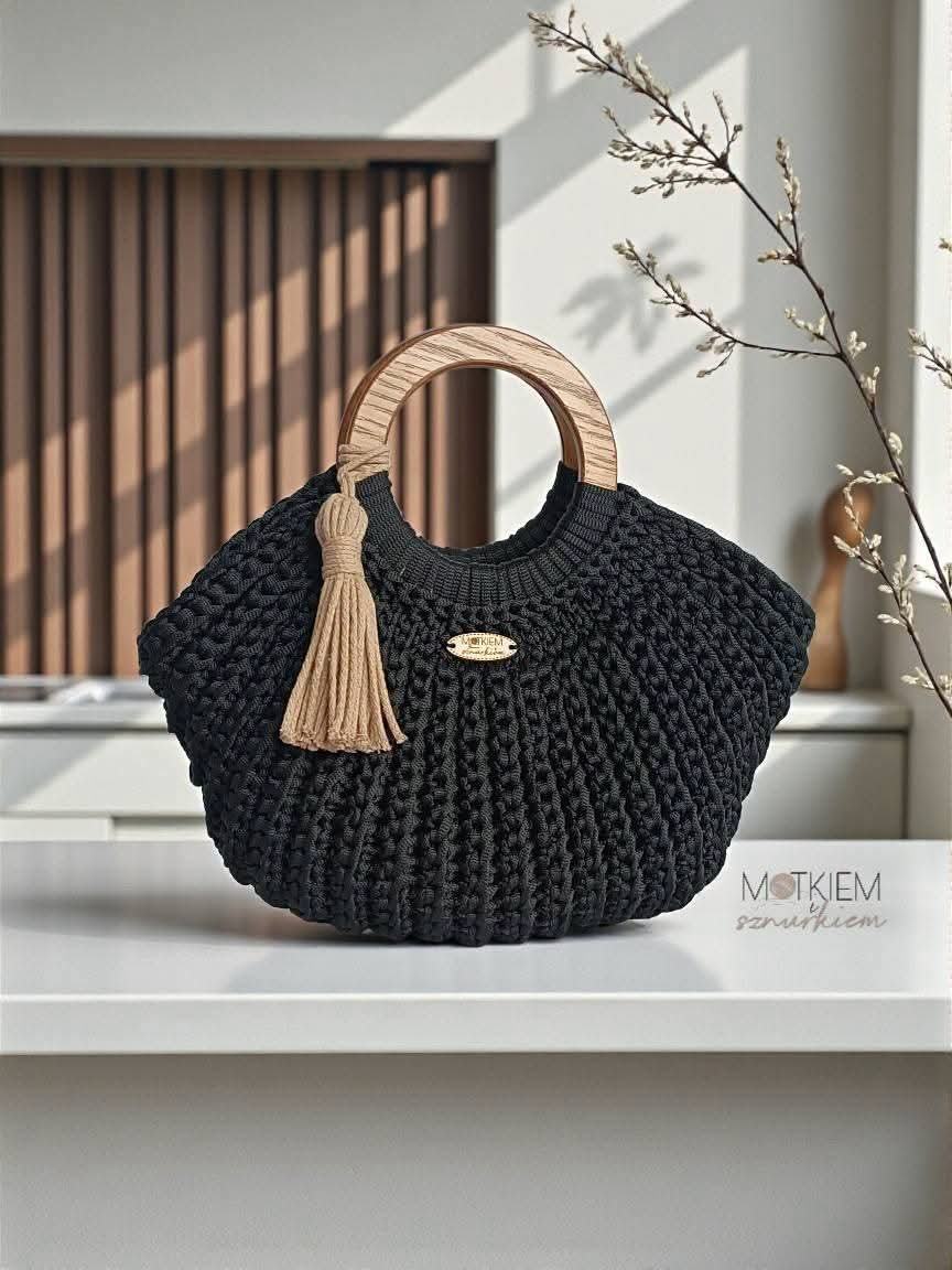 Loop & Tassel Handmade Crochet Bag | Black Boho Wooden Handle Handbag