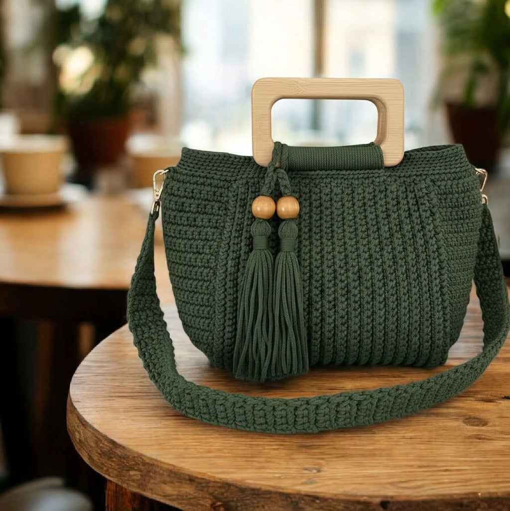 Willow Tassel Handmade Crochet Bag | Boho Wooden Handle Cotton Purse