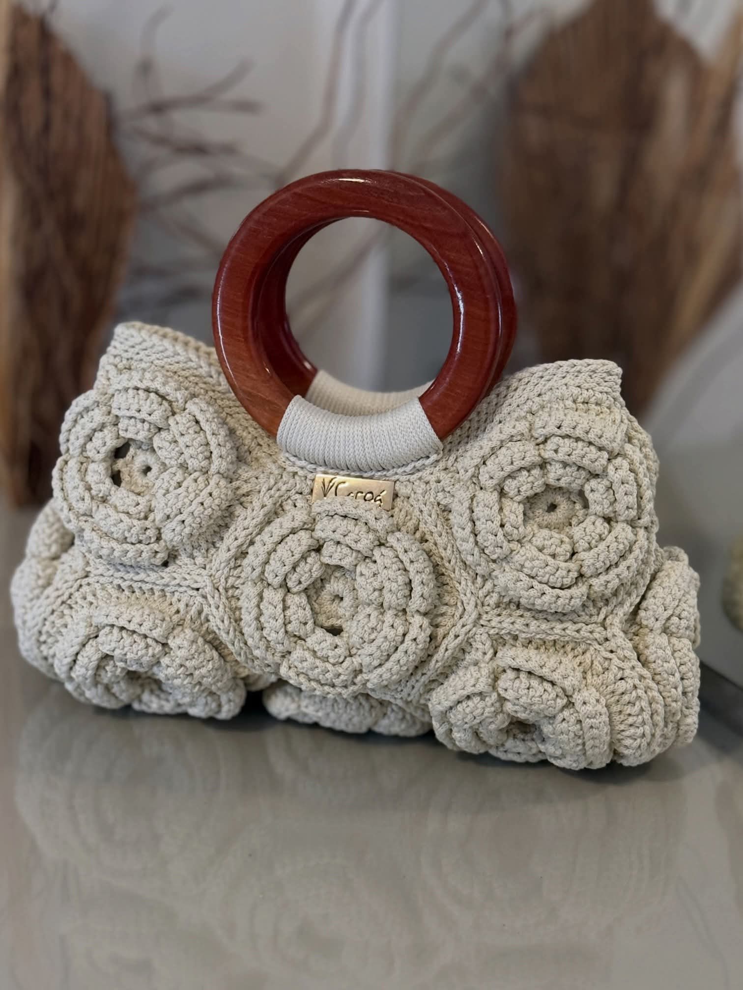 Roselle Bloom Handmade Crochet Bag | 3D Floral Crochet Purse with Wooden Handle | Luxury Artisan Women's Handbag