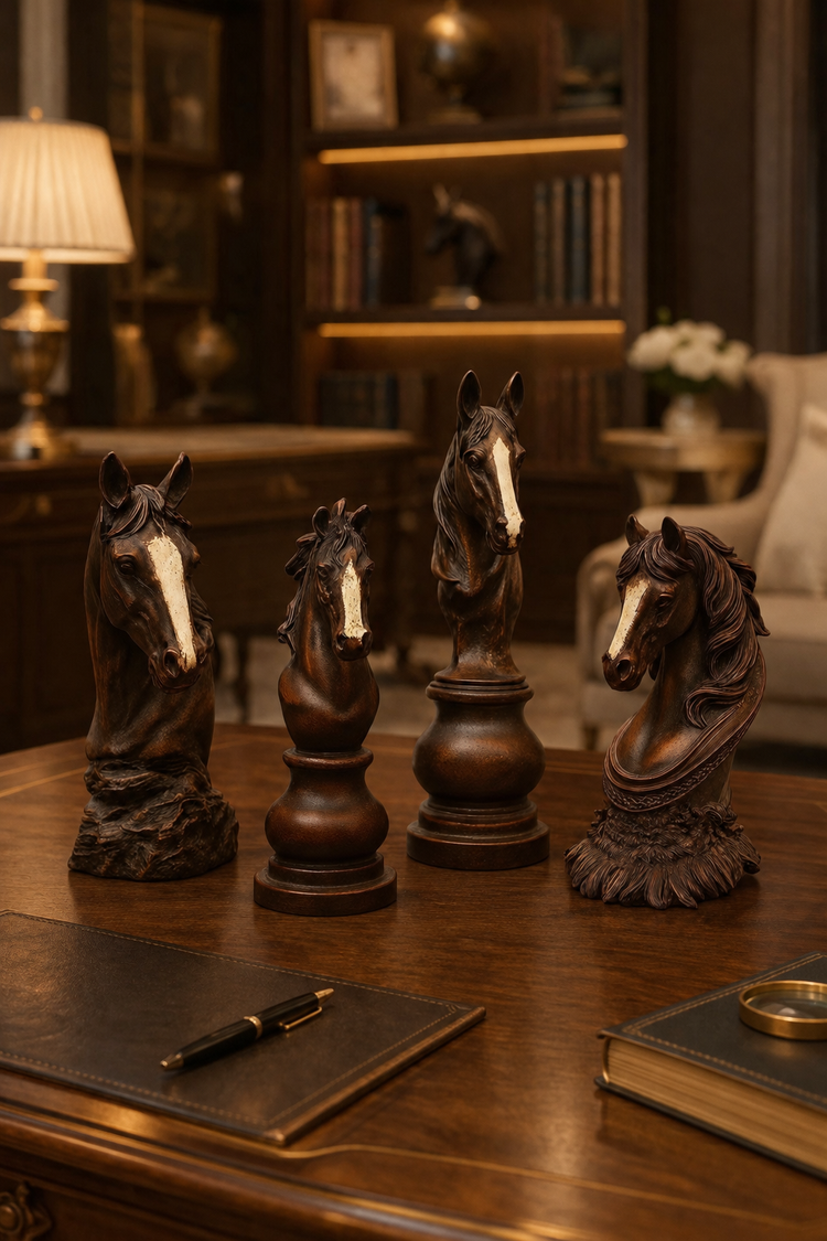 Four dark carved horse head figurines displayed on a polished wooden desk in a warm, elegant study with bookshelves and a lamp in the background.

