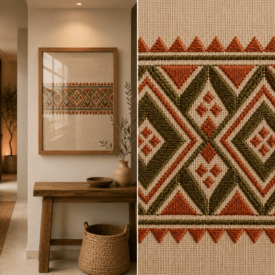 Framed bohemian-style woven wall art displayed in a home interior hallway above a wooden console table, with a close-up inset of the textile pattern showing olive green, rust orange, and cream geometric motifs.

