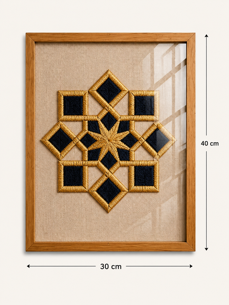 Framed geometric wall art featuring a gold embroidered star and diamond pattern on a beige linen background, enclosed in a light wood frame. White dimension lines indicate a height of 40 cm and a width of 30 cm.

