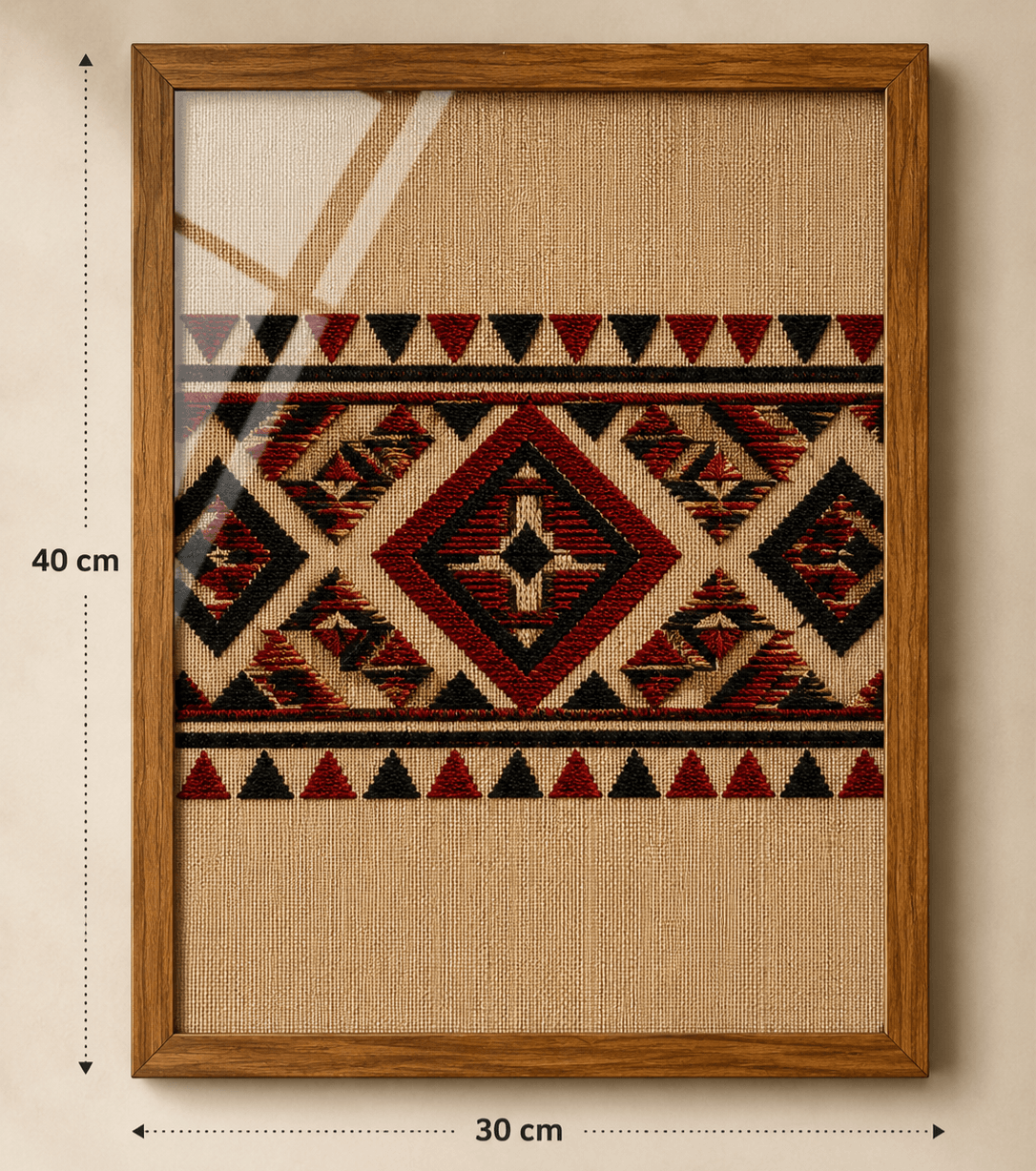 Framed geometric wall art featuring a woven Southwestern-style pattern in red, black, and beige, enclosed in a medium brown wooden frame. The image includes dimension markers showing 40 cm height and 30 cm width.

