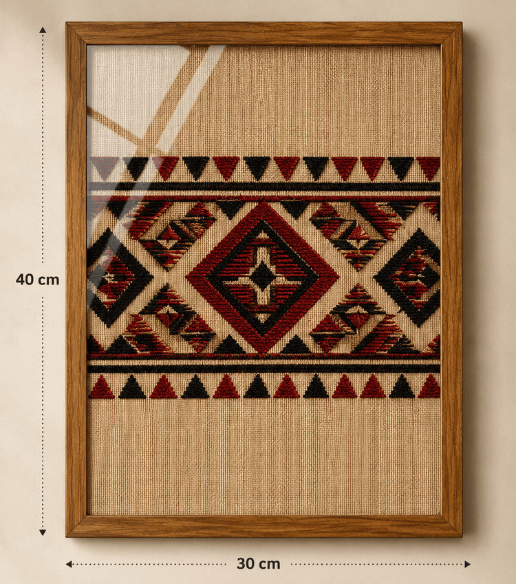 Framed geometric wall art featuring a woven Southwestern-style pattern in red, black, and beige, enclosed in a medium brown wooden frame. The image includes dimension markers showing 40 cm height and 30 cm width.

