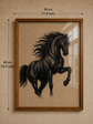 Framed wall art featuring a black horse illustration on a tan textured background, shown with dimension arrows and labels indicating 30 cm width and 40 cm height.

