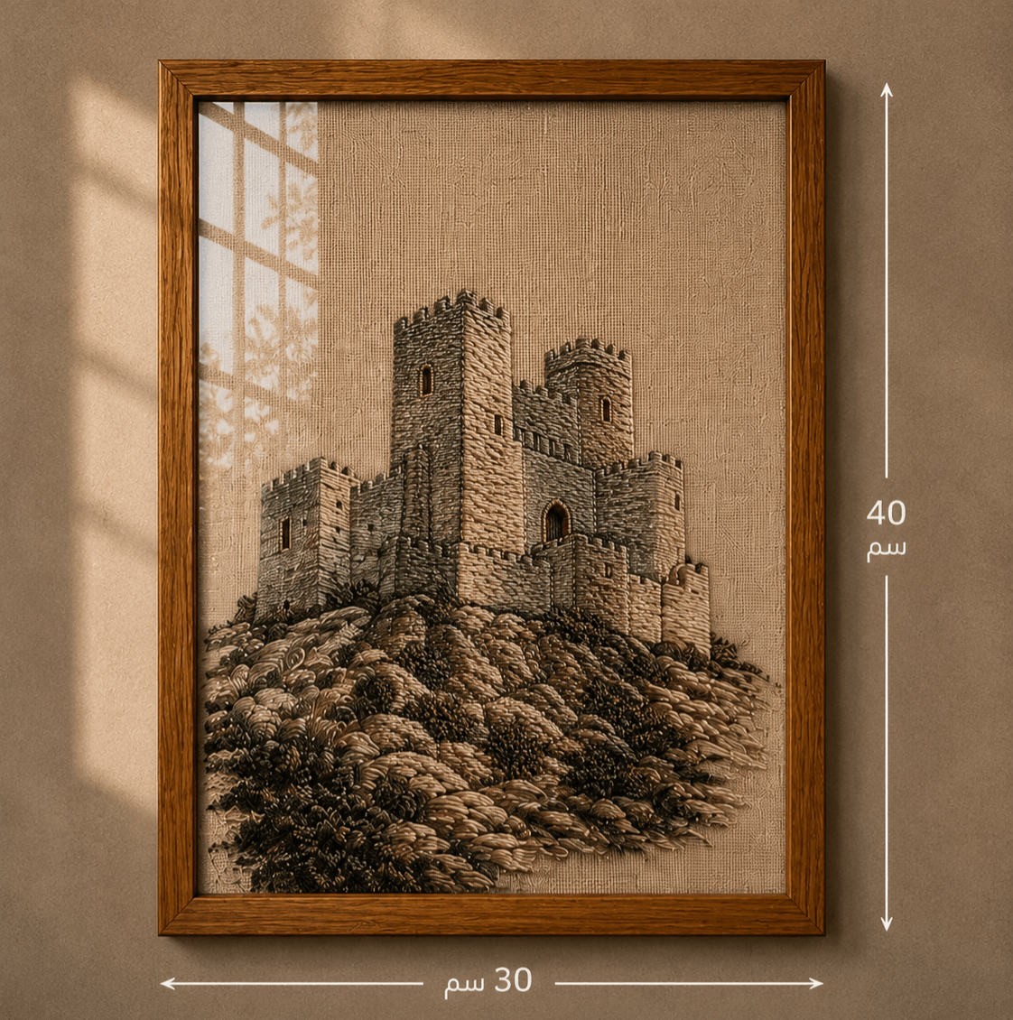 Framed wall art showing a stone castle on a rocky hill, mounted on a beige wall with shadow light from a window. White dimension arrows indicate 30 cm width and 40 cm height.

