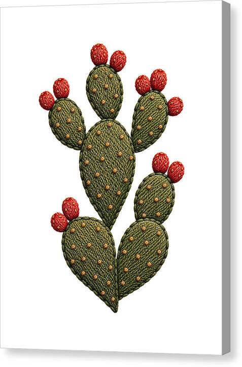 Cactus Embroidered with Red Fruits - Canvas Print