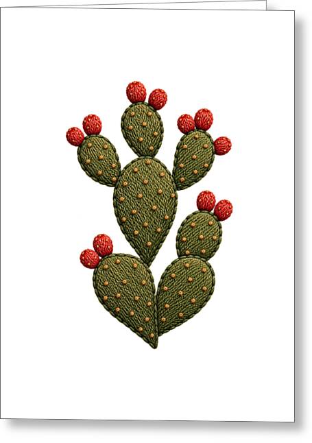 Cactus Embroidered with Red Fruits - Greeting Card