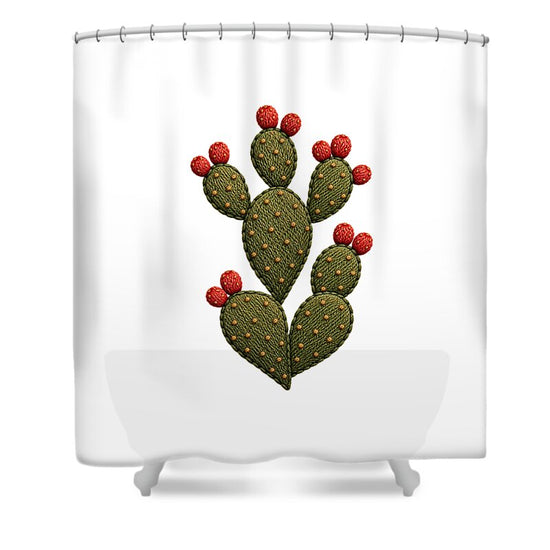 Cactus Embroidered with Red Fruits - Shower Curtain