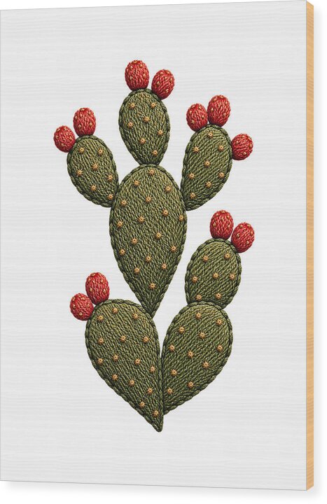 Cactus Embroidered with Red Fruits - Wood Print