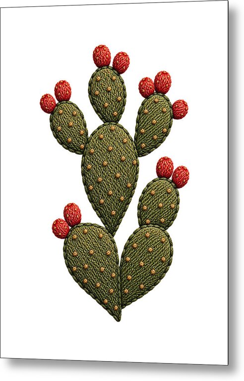 Cactus Embroidered with Red Fruits - Metal Print