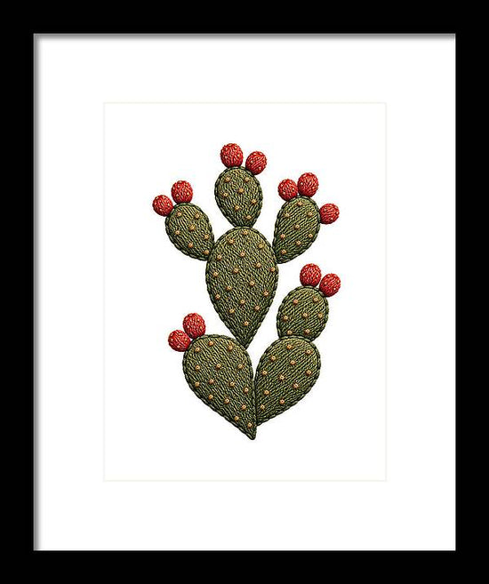 Cactus Embroidered with Red Fruits - Framed Print