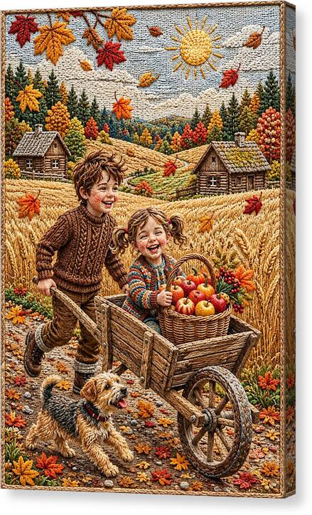 Children Playing in Autumnal Countryside - Canvas Print