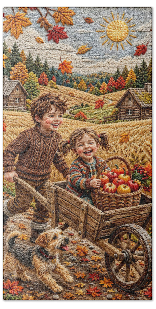 Children Playing in Autumnal Countryside - Bath Towel