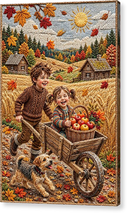 Children Playing in Autumnal Countryside - Acrylic Print
