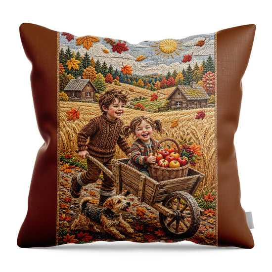 Children Playing in Autumnal Countryside - Throw Pillow