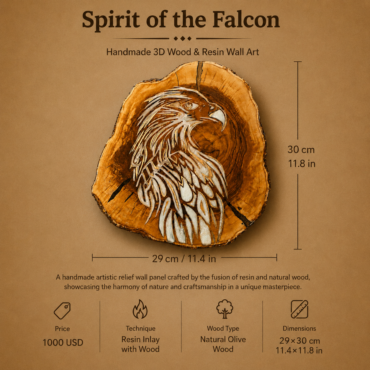 Handmade Falcon Resin & Olive Wood Wall Art / Spirit of the Falcon