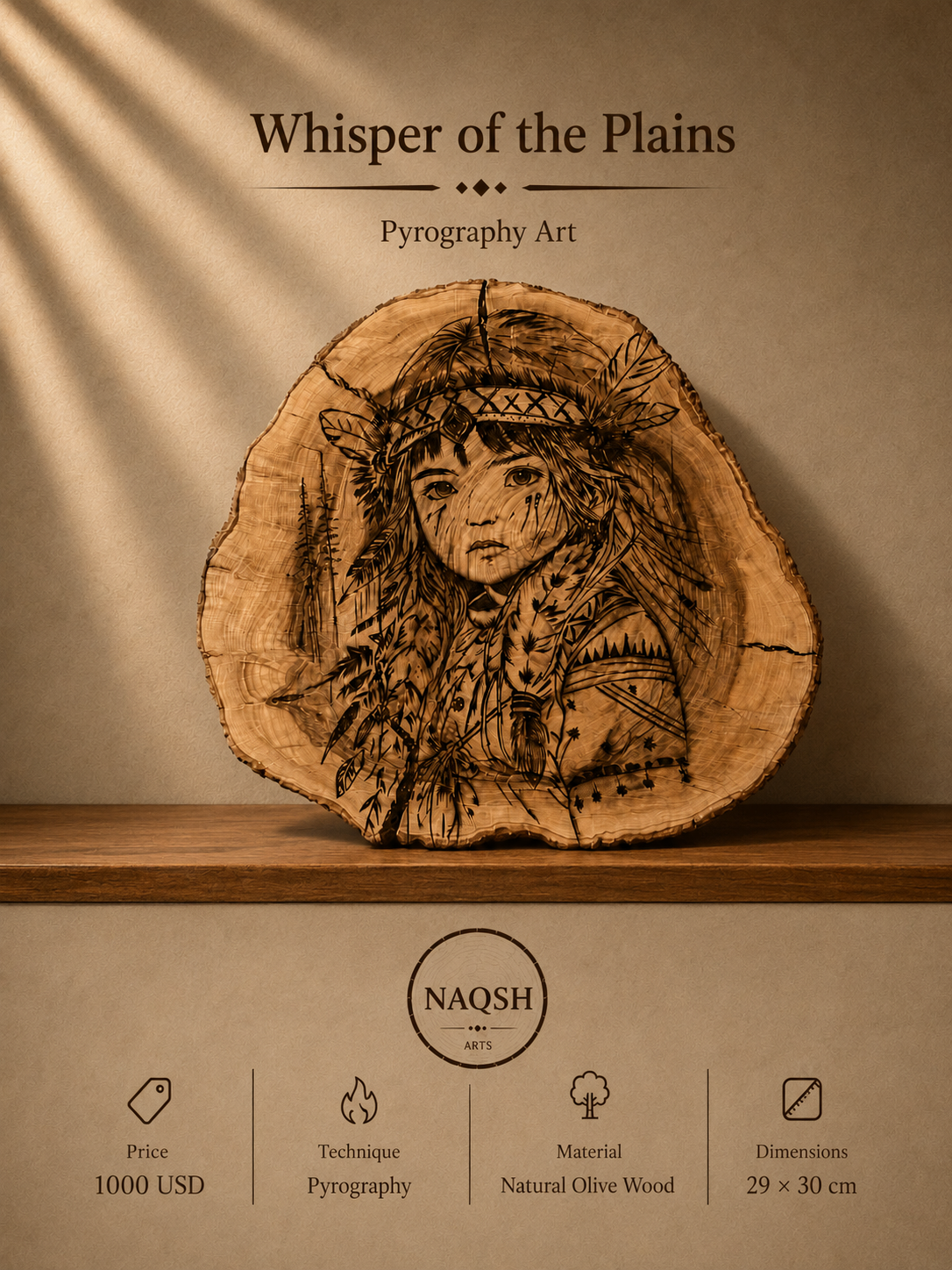 Handmade Olive Wood Pyrography Art – Wood Burning Wall Decor / Whisper of the Plains