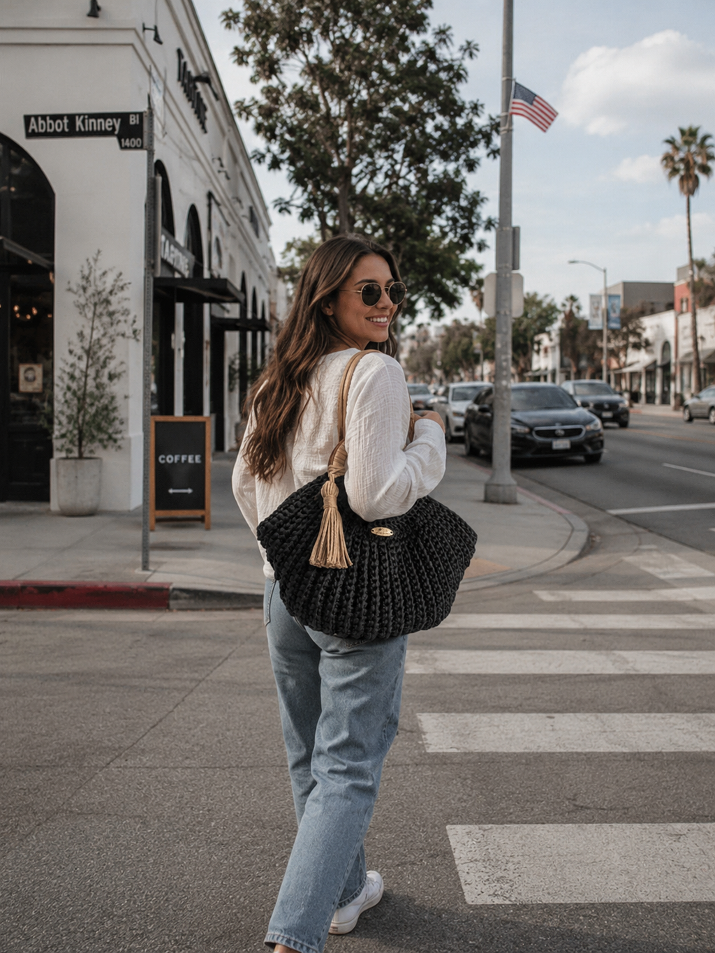 Loop & Tassel Handmade Crochet Bag | Black Boho Wooden Handle Handbag