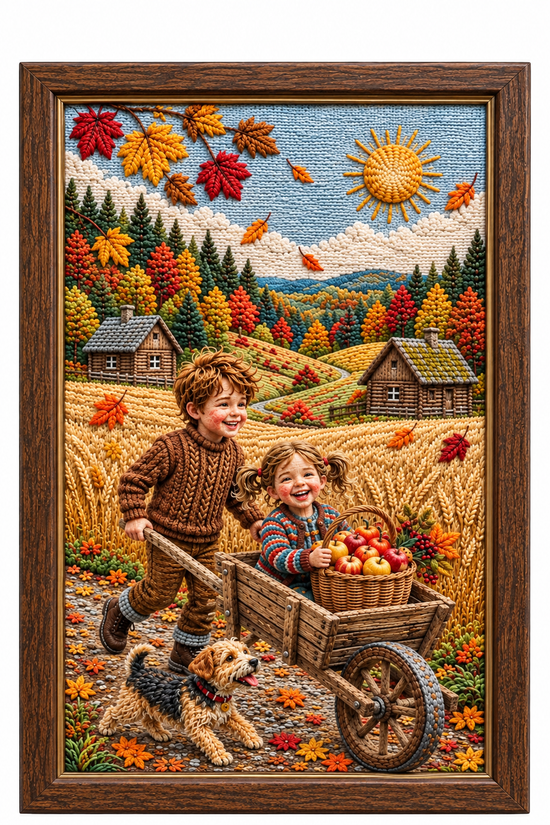 Autumn Siblings – 3D Embroidery Art Handmade Wall Art