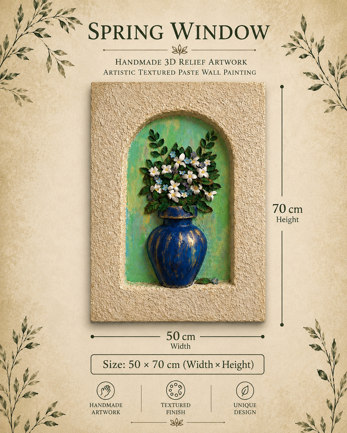 Handmade 3D Relief Paste Sculpture | Textured Floral Wall Art/Spring Window
