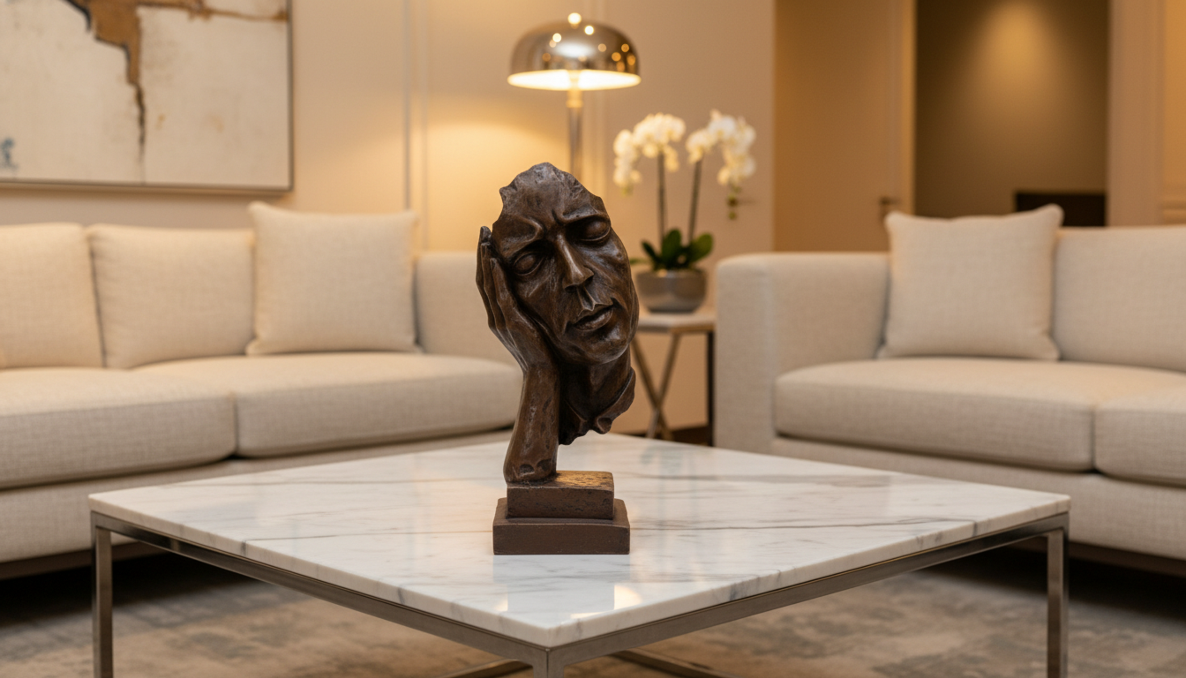 Abstract Human Face Sculpture - Silence is Golden Statue Modern Stone Art Decor