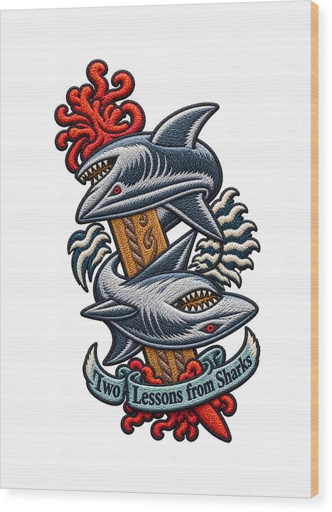 Sharks with Sword and Waves - Wood Print
