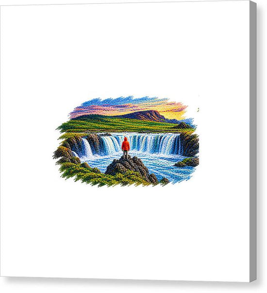 Traveler at Majestic Waterfall - Canvas Print
