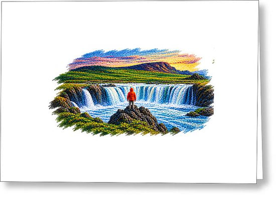 Traveler at Majestic Waterfall - Greeting Card